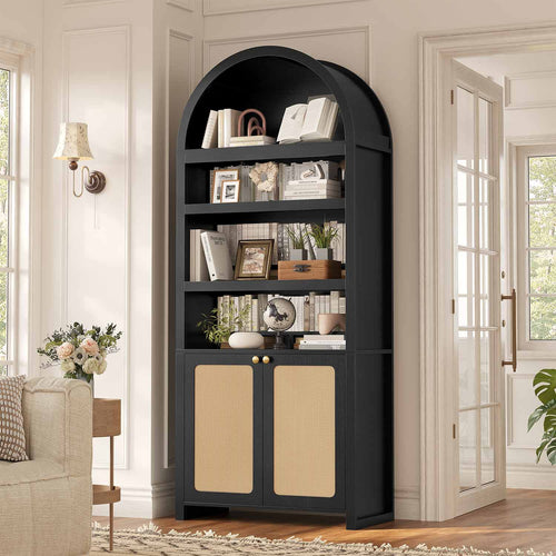 Sikaic Bookcase 81 Inches Tall Arched 6-Tier Bookcase with Door Black Oak Black / Engineered Wood / Modern