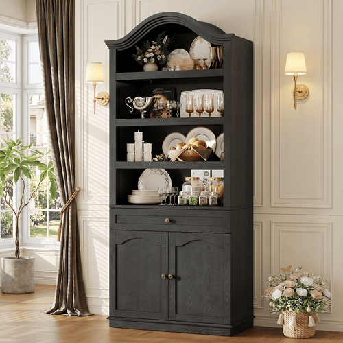 Sikaic Bookcase 82.7" Tall Arched Bookcase with Drawer & Doors Black Black / Engineered Wood / Modern