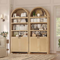 Sikaic Bookcase 81 Inches Tall Arched 6-Tier Bookcase with Door Oak Oak Beige / Engineered Wood / Modern