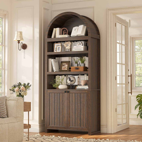 Sikaic Bookcase 81 Inches Tall Arched 6-Tier Bookcase with Door Walnut Walnut Brown / Engineered Wood / Modern