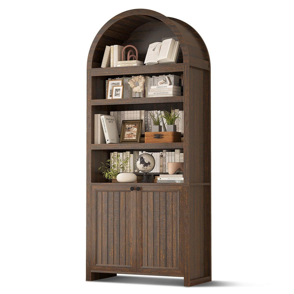 Tall Arched 6-Tier Bookcase with Door Walnut