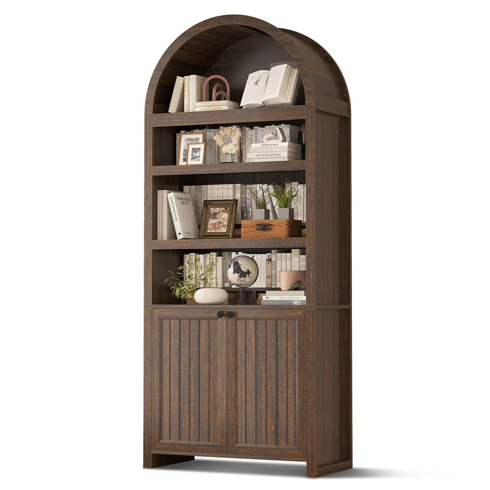 Sikaic Bookcase 81 Inches Tall Arched 6-Tier Bookcase with Door Walnut Walnut Brown / Engineered Wood / Modern