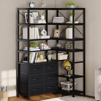 Sikaic Bookshelf 7-Tier Industrial Convertible Bookshelf with 6 Fabric Drawers Black Black / Engineered Wood / Industrial