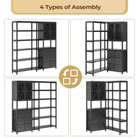 Sikaic Bookshelf 6 Tier Industrial Convertible L Shaped Corner Bookshelf with 6 Fabric Drawers Black Black / Engineered Wood / Modern