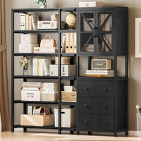 Sikaic Bookshelf 6 Tier Industrial Convertible L Shaped Corner Bookshelf with 6 Fabric Drawers Black Black / Engineered Wood / Modern