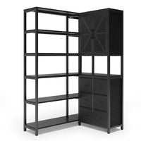 Sikaic Bookshelf L Shaped Corner Bookshelf with 6 Fabric Drawers Black Black / Engineered Wood / Modern