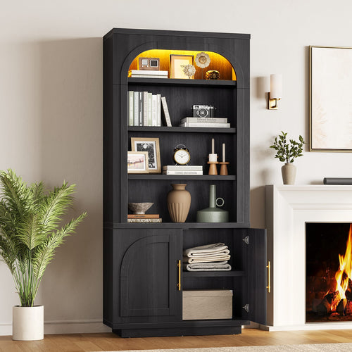 Sikaic Bookshelf Sikaic Arch Bookshelf with LED Cabinets and Adjustable Shelves Matte Black Black / Engineered Wood / Modern