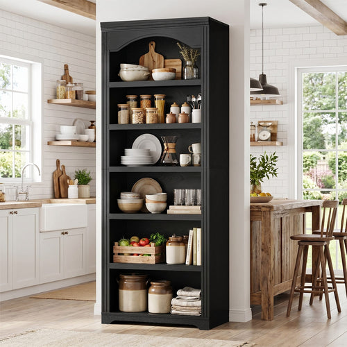 Sikaic Bookshelf 80.9 inch Tall Arched 6-Tier Bookshelf with Roman Column Design Black Black / Engineered Wood / Vintage