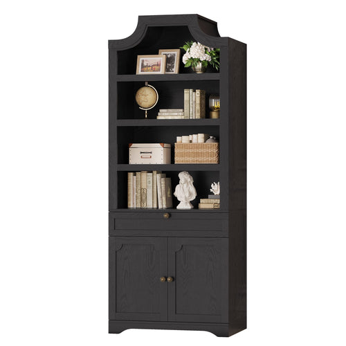 Sikaic Bookshelf 81 inch Tall Arched 7-Tier Bookcase with Drawer & Doors Black Black / Engineered Wood / Vintage