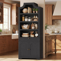 Sikaic Bookshelf 81 inch Tall Arched 7-Tier Bookcase with Drawer & Doors Black Black / Engineered Wood / Vintage