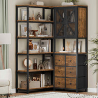 Sikaic Bookshelf 6 Tier Industrial Convertible L Shaped Corner Bookshelf with 6 Fabric Drawers Rustic Brown Brown / Engineered Wood / Modern