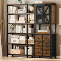 Sikaic Bookshelf 6 Tier Industrial Convertible L Shaped Corner Bookshelf with 6 Fabric Drawers Rustic Brown Brown / Engineered Wood / Modern