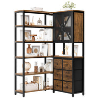 Sikaic Bookshelf 6 Tier Industrial Convertible L Shaped Corner Bookshelf with 6 Fabric Drawers Rustic Brown Brown / Engineered Wood / Modern