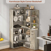 Sikaic Bookshelf 71 Inches L-Shaped Large Storage 7-Shelf Farmhouse Corner Bookshelf with Lockers & Drawers for Home Office Grey Grey / Engineered Wood / Modern