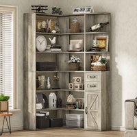 Sikaic Bookshelf 71 Inches L-Shaped Large Storage 7-Shelf Farmhouse Corner Bookshelf with Lockers & Drawers for Home Office Grey Grey / Engineered Wood / Modern