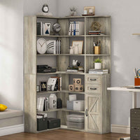 Sikaic Bookshelf 71 Inches L-Shaped Large Storage 7-Shelf Farmhouse Corner Bookshelf with Lockers & Drawers for Home Office Grey Grey / Engineered Wood / Modern