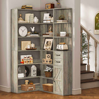 Sikaic Bookshelf 71 Inches L-Shaped Large Storage 7-Shelf Farmhouse Corner Bookshelf with Lockers & Drawers for Home Office Grey Grey / Engineered Wood / Modern