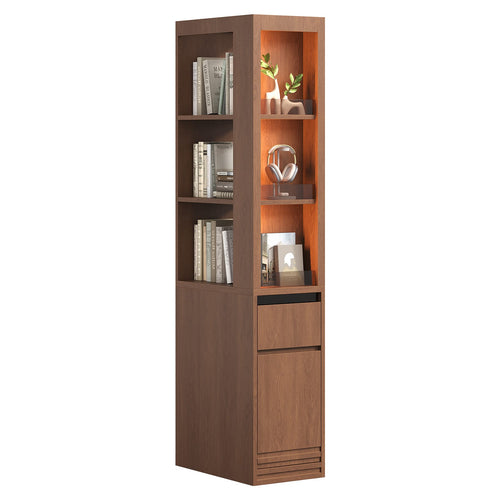 Sikaic Bookshelf Sikaic 12-Inch Narrow Bookshelf with LED Display Shelf and Closed Storage Walnut