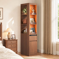 Sikaic Bookshelf Sikaic 12-Inch Narrow Bookshelf with LED Display Shelf and Closed Storage Walnut
