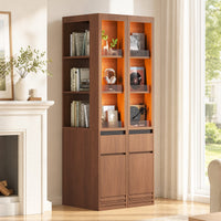 Sikaic Bookshelf Sikaic 12-Inch Narrow Bookshelf with LED Display Shelf and Closed Storage Walnut