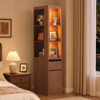 Sikaic Bookshelf Sikaic 12-Inch Narrow Bookshelf with LED Display Shelf and Closed Storage Walnut