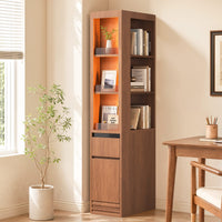 Sikaic Bookshelf Sikaic 12-Inch Narrow Bookshelf with LED Display Shelf and Closed Storage Walnut