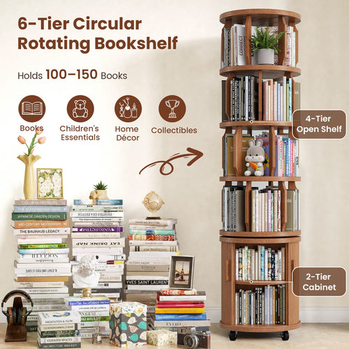 Sikaic Bookshelf Sikaic 6-Tier 360° Rotating Bookshelf with Fluted Storage Cabinet Walnut Walnut / Engineered Wood & Solid Wood / Modern