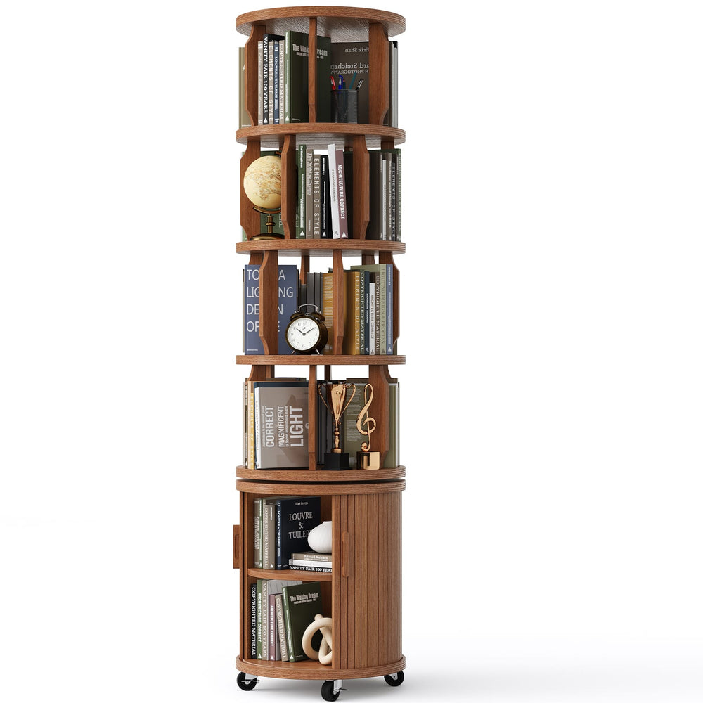 Sikaic Bookshelf Sikaic 6-Tier 360° Rotating Bookshelf with Fluted Storage Cabinet Walnut Walnut / Engineered Wood & Solid Wood / Modern