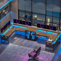 Sikaic L Shaped Reversible LED Gaming Desk with Power Outlets Strip Monitor Shelf Keyboard Tray Pegboard and Storage Shelves Brown