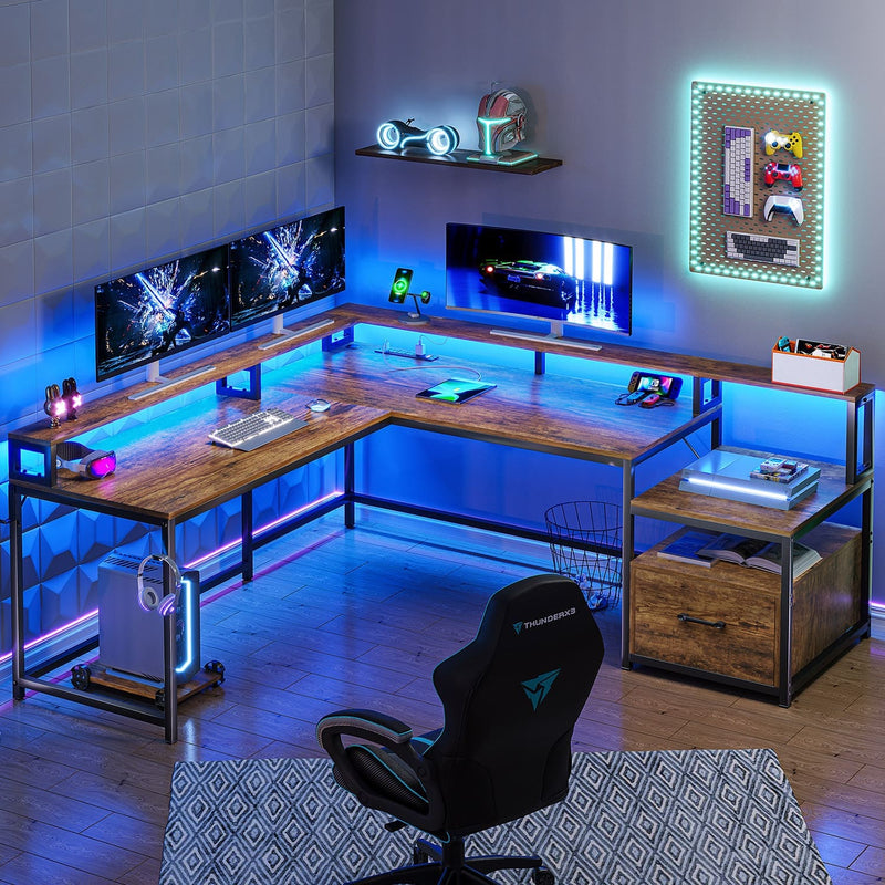 Sikaic 66" L Shaped Corner Two Person Gaming Desk with File Drawer Power Outlet Led Lights Monitor Shelf Rustic Brown