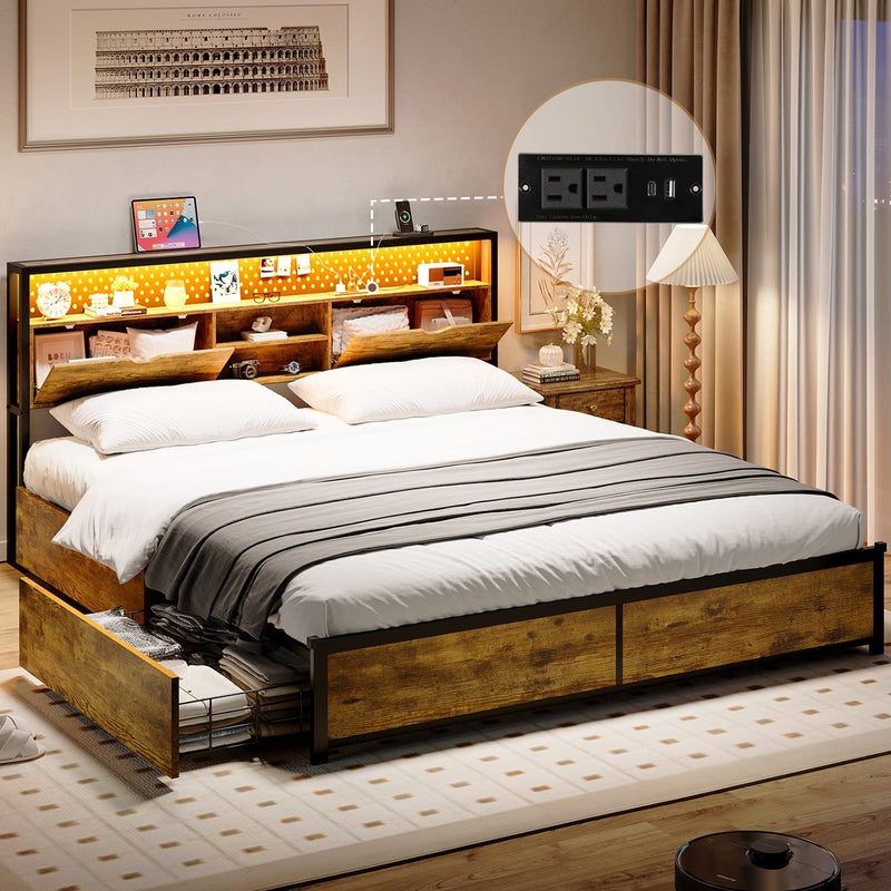 Sikaic Metal Platform LED Bed Frame with Drawers Storage & Charging Station Brown