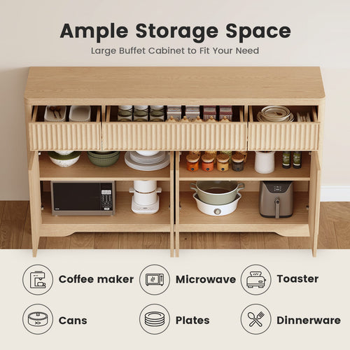 Sikaic Buffet Cabinet 57 Inch Fluted Buffet Cabinet with Storage Natural Oak Natural / Engineered Wood / Modern