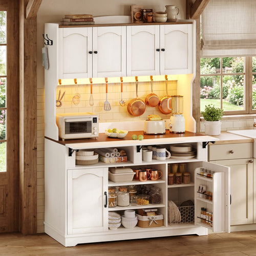 Sikaic Buffet Cabinet Farmhouse-style kitchen storage cabinet with charging station, white Walnut & White / Engineered Wood / Farmhouse