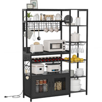 Sikaic Coffee Bar Coffee Bar Bakers Rack with Power Outlet Kitchen Microwave Stand Wire Basket Metal Grid Wine Rack Goblet Holder Hooks Black