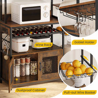 Sikaic Coffee Bar Coffee Bar Bakers Rack with Power Outlet Kitchen Microwave Stand Wire Basket Metal Grid Wine Rack Goblet Holder Hooks Brown
