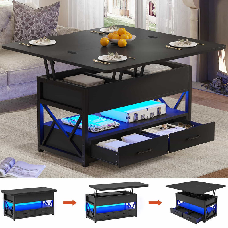 40 Inches Lift Top 4 in 1 LED Coffee Table with 2 Drawers Storage Black