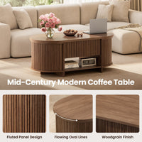 Sikaic Coffee Table Sikaic Oval Fluted Lift Top Coffee Table with 3 Hidden Compartments and Open Shelf Brown Brown / Engineered Wood / Modern