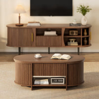 Sikaic Coffee Table Sikaic Oval Fluted Lift Top Coffee Table with 3 Hidden Compartments and Open Shelf Brown Brown / Engineered Wood / Modern