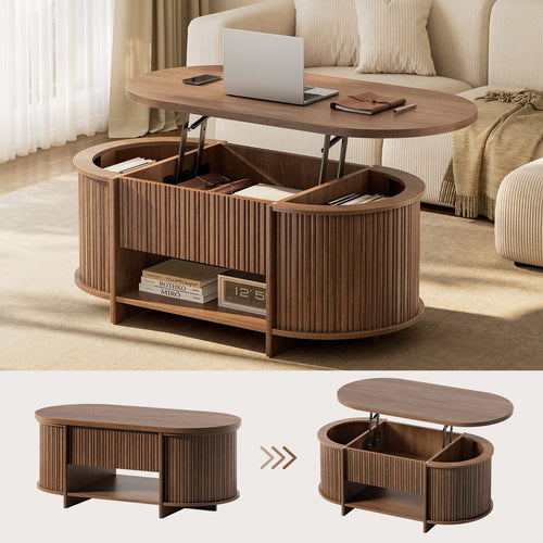 Sikaic Coffee Table Sikaic Oval Fluted Lift Top Coffee Table with 3 Hidden Compartments and Open Shelf Brown Brown / Engineered Wood / Modern