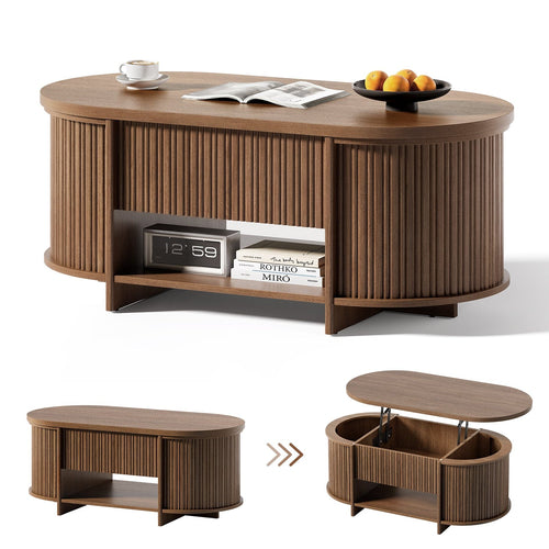 Sikaic Coffee Table Sikaic Oval Fluted Lift Top Coffee Table with 3 Hidden Compartments and Open Shelf Brown Brown / Engineered Wood / Modern