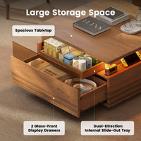 Sikaic Coffee Table Sikaic Square Horizontal Coffee Table with LED Lights and Tempered Glass Drawer Brown Brown / Engineered Wood / Modern