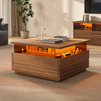 Sikaic Coffee Table Sikaic Square Horizontal Coffee Table with LED Lights and Tempered Glass Drawer Brown Brown / Engineered Wood / Modern