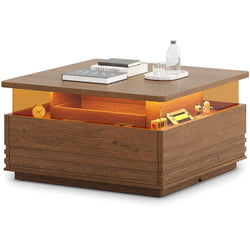 Sikaic Coffee Table Sikaic Square Horizontal Coffee Table with LED Lights and Tempered Glass Drawer Brown Brown / Engineered Wood / Modern