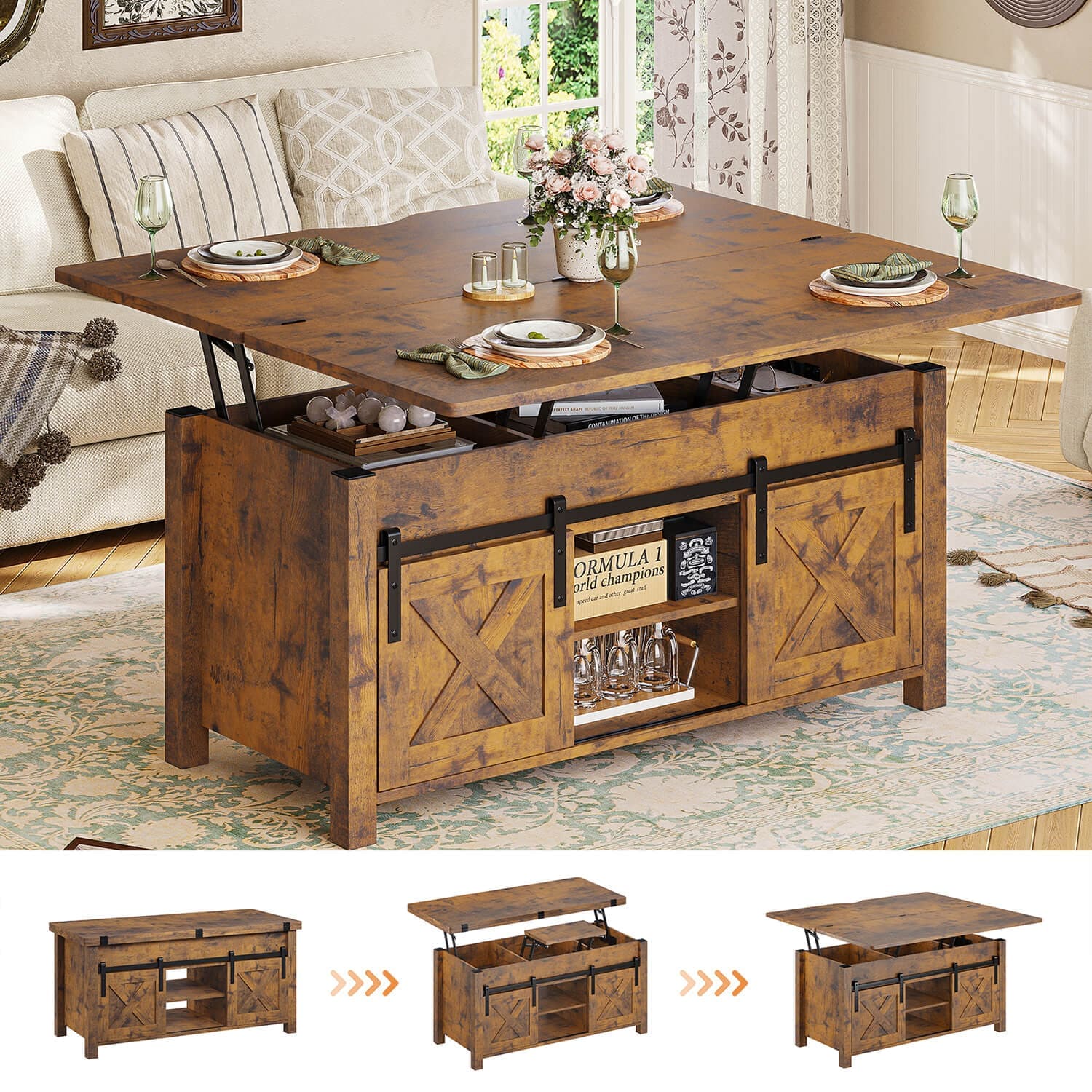 4 in 1 Functional Coffee Table Lift Top with Storage Brown | Sikaic