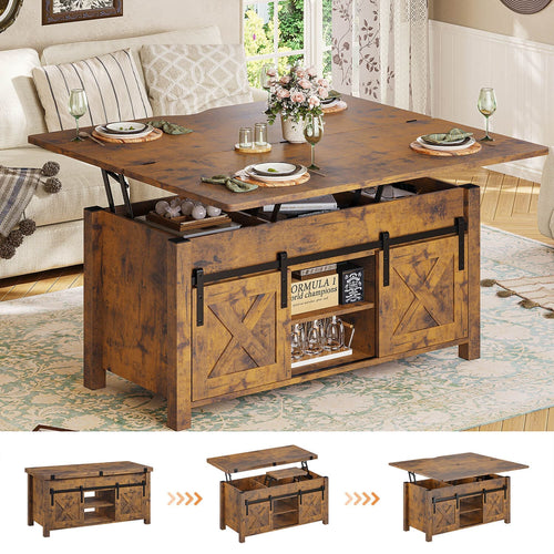 Sikaic Coffee Table 4 in 1 Multi-Function Lift Top Coffee Tables Converts to Dining Table Brown