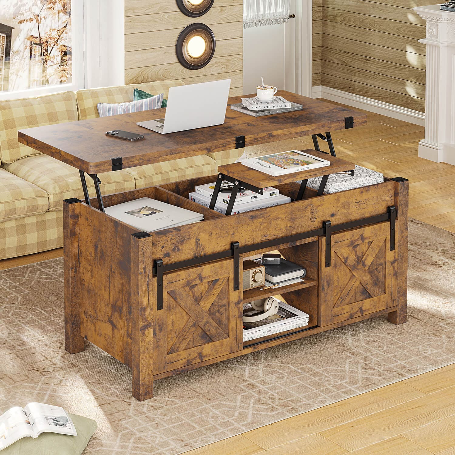 4 in 1 Functional Coffee Table Lift Top with Storage Brown | Sikaic
