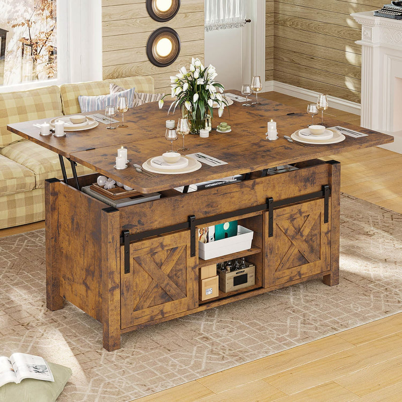 Sikaic Coffee Table 4 in 1 Multi-Function Lift Top Coffee Tables Converts to Dining Table Brown