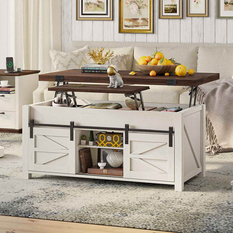 4 in 1 Lift Top Coffee Table with 4 Sliding Barn Doors Adjustable Shelves and Hidden Storage Compartment for Living Room Brown White