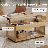 Sikaic Coffee Table Sikaic 2-in-1 Lift-Top Rattan Coffee Table with Wheels, Hidden Compartment and Large Storage Shelf Natural Color Natural / Engineered Wood / Boho