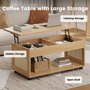 Sikaic Coffee Table Sikaic 2-in-1 Lift-Top Rattan Coffee Table with Wheels, Hidden Compartment and Large Storage Shelf Natural Color Natural / Engineered Wood / Boho